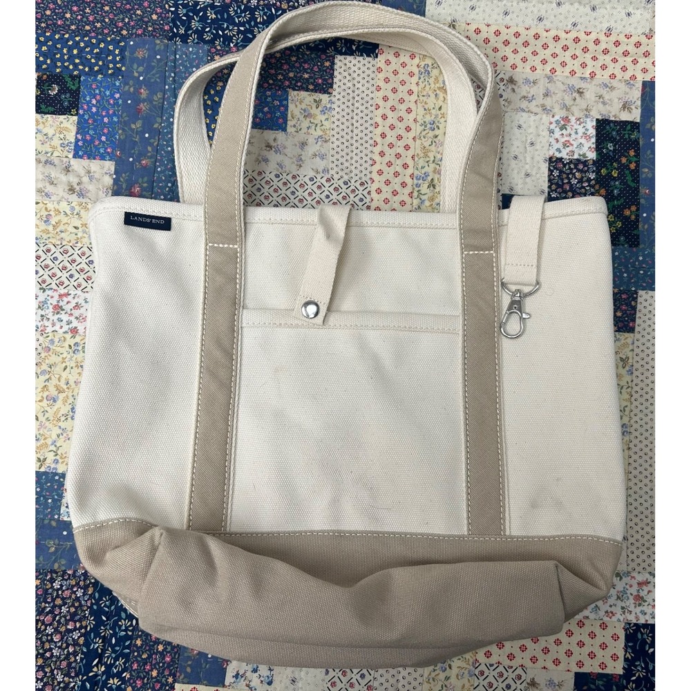 Land's End 100% cotton white & grey canvas strap bag